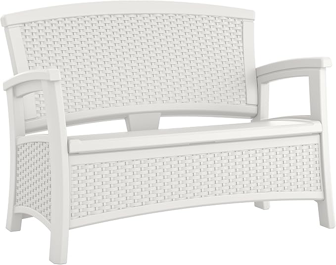 Suncast Outdoor Wicker Love Seat with 23-Gallon Storage, Comfortable Seating for Two, Ergonomic Back Support, All-Weather Furniture for Patio, Deck, and Garden, Ice Cube
