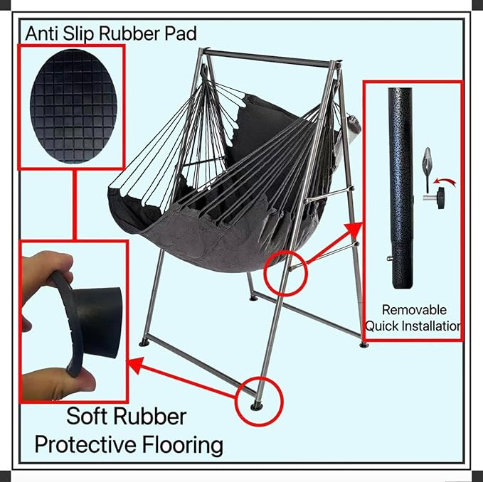 Hammock Chair Stand with X-Large Swing Chair with Footrest，Anti-Tip Thickened Weather-Resistant Iron Pipe Swing Frame, 450Lbs Stand Capacity Quick Assembly for Indoor Outdoor (Dark Grey)