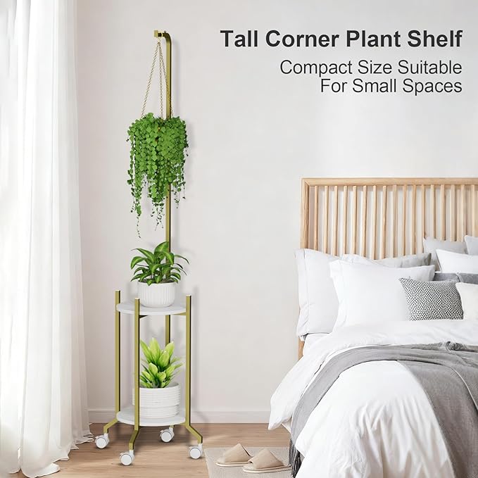 Plant Stand Indoor, 2 Tier Hanging Tall Plant Shelf with Wheels, 3 Potted Corner Flower Stand Metal Plant Holder, Plant Shelves for Living Room, Bedroom, Patio, Outdoor, Gold