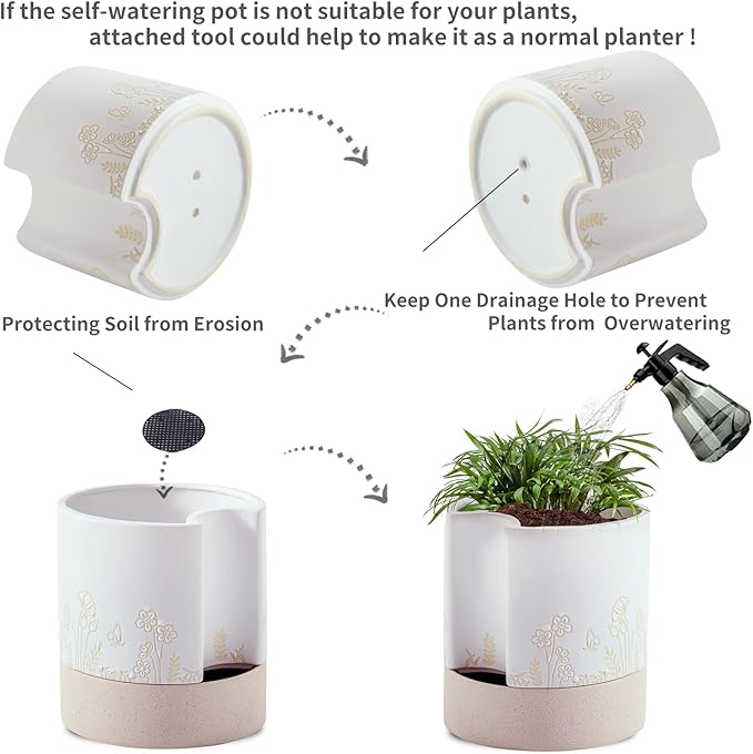 Nihow Self Watering Plant Pot: 8 Inch Ceramic Planter with Drainage Hole & Water Storage Plus for Indoor & Outdoor Plants - Cylinder Round Flower Pot for Succulent/Herbs/Violets - Nature & White