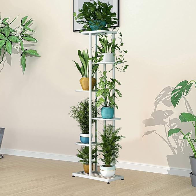 LINZINAR Plant Stand Metal 6 Tier 7 Potted Multiple Flower Pot Holder Shelf Indoor Outdoor Planter Display Shelving Unit for Patio Garden Corner Balcony Living Room (6 Tier 7 Potted, White)