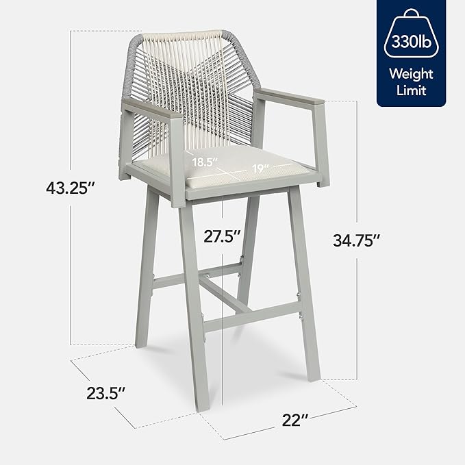 Best Choice Products Outdoor Bar Stools Set of 2, Bar Height, 360° Swivel Aluminum Frame, All-Weather Woven Rope Chair Design w/Armrests - Gray/Meteor