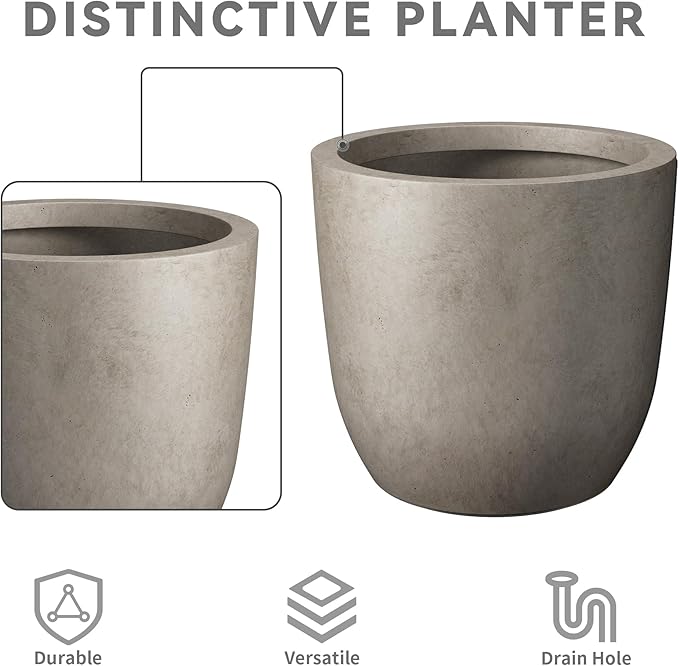 Kante 16.5" Dia Round Concrete Planter, Large Outdoor Modern Indoor Decorative Plant Pots with Drainage Hole and Rubber Plug for Home and Garden, Weathered Concrete