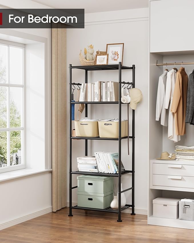 Storage Shelves - 5-Tier Large Capacity Shelf Organizer with Hooks, Heavy-Duty Garage Shelving with Leveling Feet, Wobble-Free Rack for Bedroom, Balcony, Garage, 18.1"×12.4"×56.8", Black