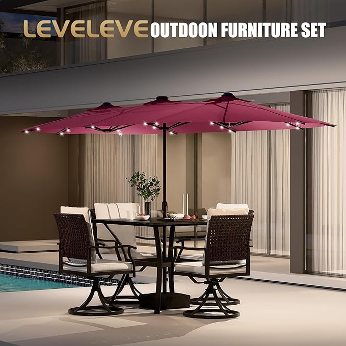LEVELEVE 14FT Large Patio Umbrella with Base & Solar LED Lights - Double-Sided,Red