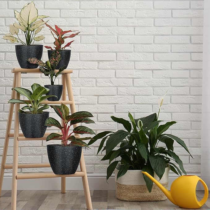 5 Pcs Plant pots, 7.5/6.5/5.7/4.9/4.1 inch Pots for Plants, Flower Pot Indoor Modern Decorative Plant Pot, Plant Pots Indoor with Drainage and Saucer for All House Plants (Drainage Set of 5 Black)