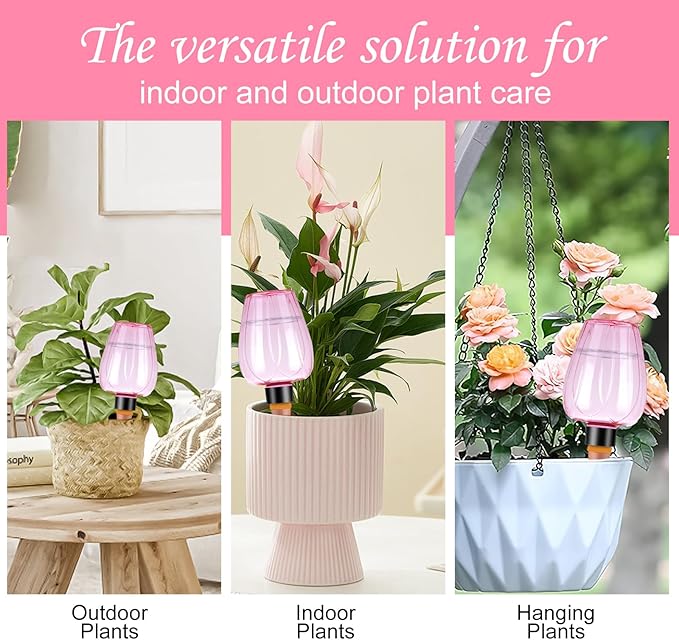 8 Pcs Plant Watering Globes Self Watering Planter Insert Plants Top Fill Water Device Plastic Water Bulbs Slow Release Terracotta for Plants, Pink