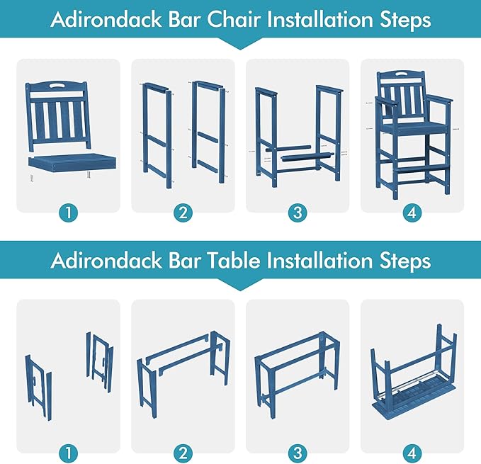 Ciokea Outdoor Bar Height Table Set of 5, 60" Extra Long Rectangle High Top Table and 4 Oversized Adirondack Chairs Set, Heavy-Duty All-Weather HDPE Patio Bar Set for Backyard Balcony Deck, Navy Blue