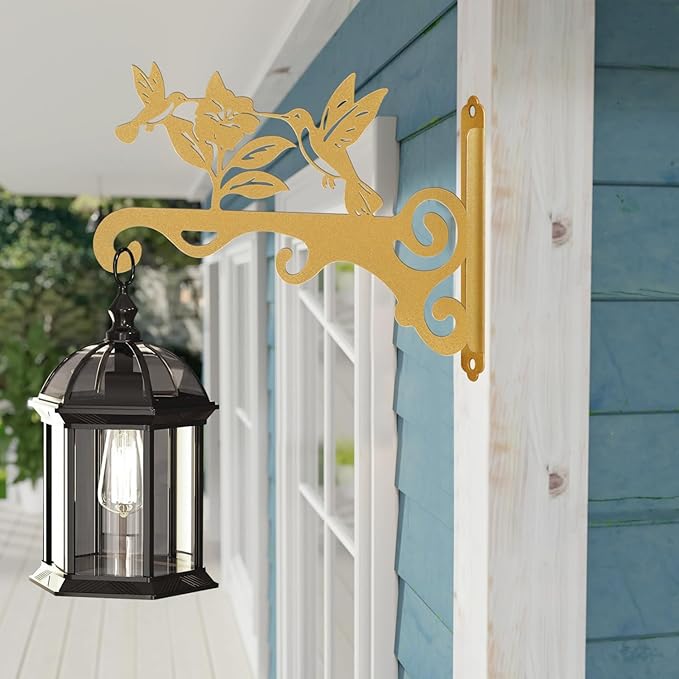 Elegant Bird Pattern Wall Hooks - 10/12/14 Inch Metal Plant Hangers for Indoor & Outdoor - Rust-Resistant Bracket for Plants, Feeders, Chimes, Lanterns (2, Gold, 10 inch)