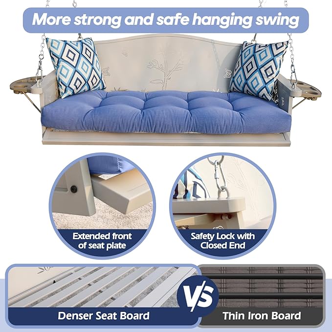 3-Seat Metal Porch Swing 900 LBS Heavy Duty Hanging Bench with Upgraded Tray & Cushions Rust-Resistant Finish Swing Chair with 8.9FT Chains for Patio Lawn Garden