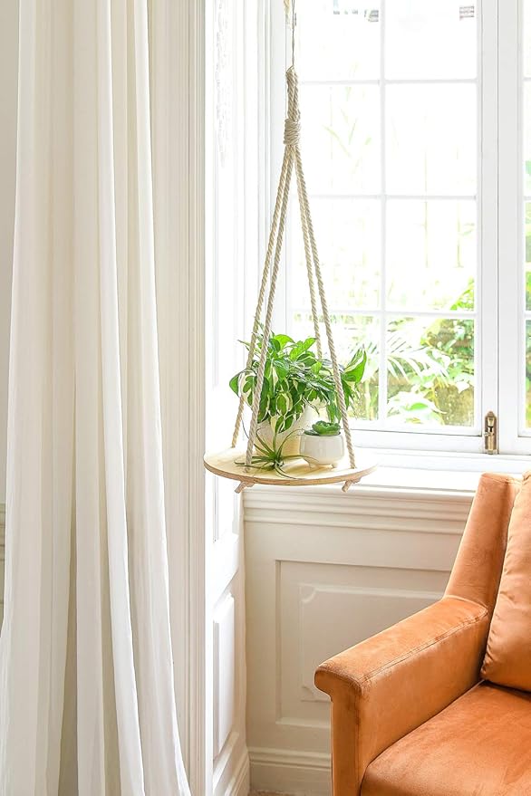 Dahey Hanging Plant Shelf Round Wood Rope Hanging Floating Shelf Boho Home Decor Display Planter Rack for Living Room Bedroom Kitchen Room,Nature