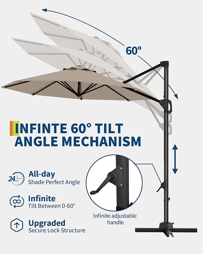 GarveeLife 10FT Patio Umbrella Outdoor Large Cantilever Umbrella Market Sun Shade Windproof Offset Umbrella with 360-Degree Rotation for Garden Deck Pool Patio, Tan