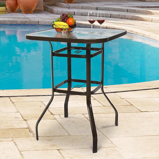 VINGLI Outdoor Bar Table with Umbrella Hole, Metal Patio Bar Height Pub Table for Patio High Top (Brown)