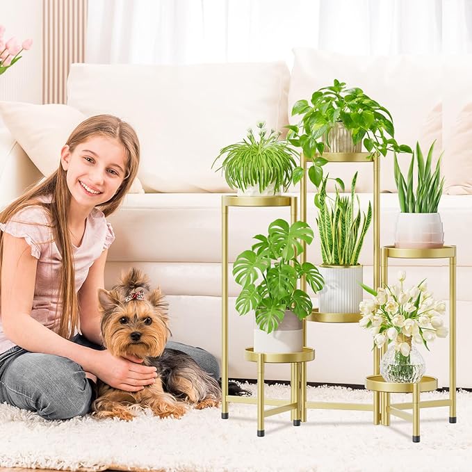 iDavosic.ly Plant Stand Indoor Outdoor, 6 Tier Corner Metal Flower Display Holder Shelf, Easy Assembly Folding Tall Orchid Rack for Patio Balcony Porch Garden Living Room House, Gold