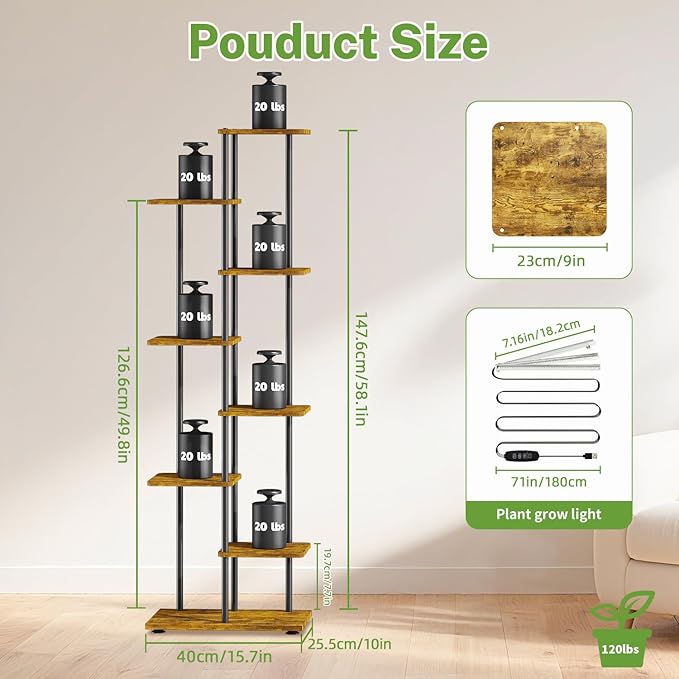 iDavosic.ly 7 Tier Tall Plant Stand Indoor with Light, Tiered Corner Metal Wood Multiple Flower Holder Shelf, 50 Inch Display Grow Rack for Living Room Bedroom, Modern Black & Rustic Brown