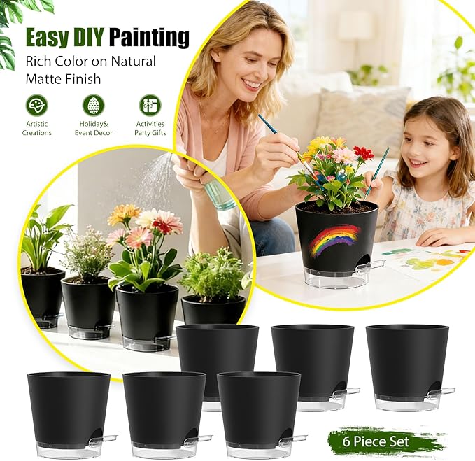 Plant Pots 6 Inch Self Watering Pots,6 Pack Plastic Planters with Drainage Holes and Clear Saucers,Plastic Flower Pots,Nursery Planting Pot for Indoor Out Door Plants (Black)