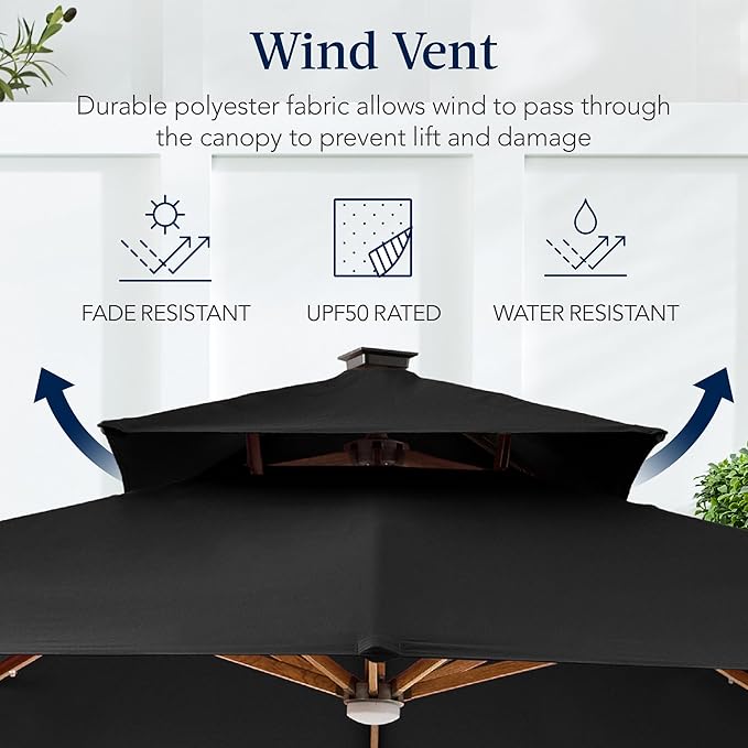 Best Choice Products 10ft Square Cantilever Patio Umbrella w/Base Included, Woodgrain Pattern Pole & Solar LED Lights, 360-Rotation, Offset Hanging Outdoor Shade - Black
