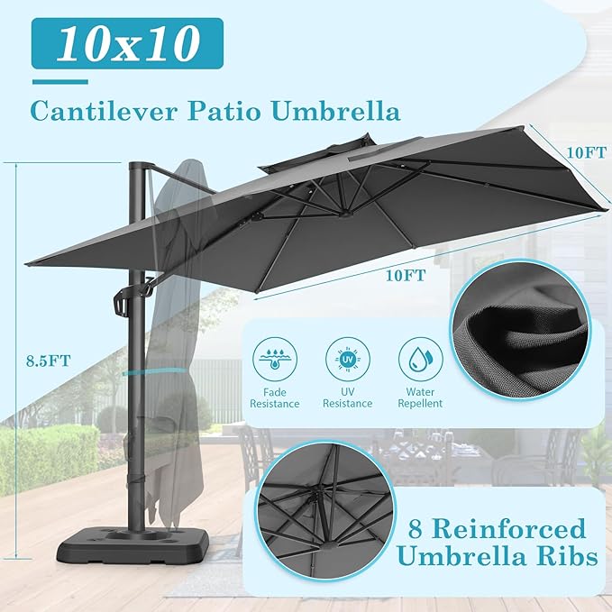 HOTEEL10x10ft Patio Umbrella Cantilever Umbrellas - Upgrade and Intensify - 360 Rotation and 5 Angles Adjustment - Aluminum Offset Pool Umbrella Outdoor Umbrellas for Patio Garden Pool