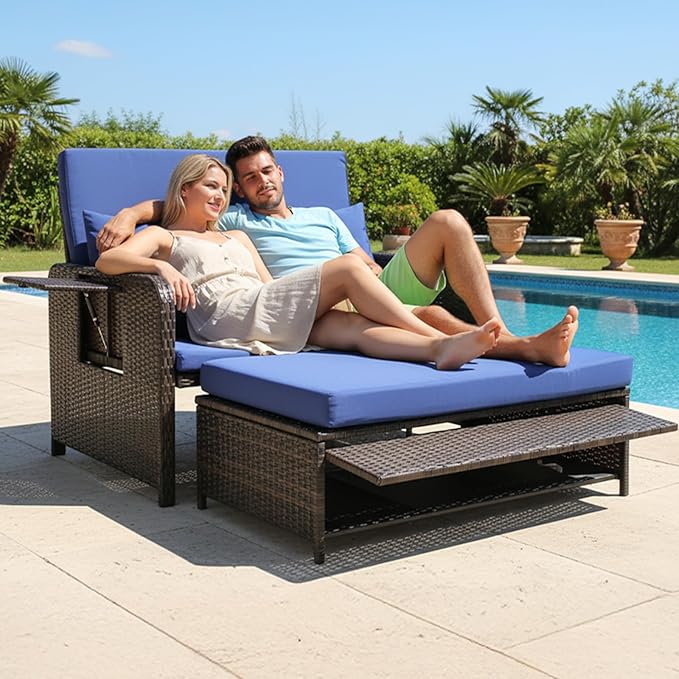 VINGLI Patio Daybed, Wicker Outdoor Daybed with Storage Ottoman & 5-Level Adjustable Backrest, All-Weather Rattan Cushioned Patio Loveseat Sofa for Garden Balcony Backyard (Navy, Brown)