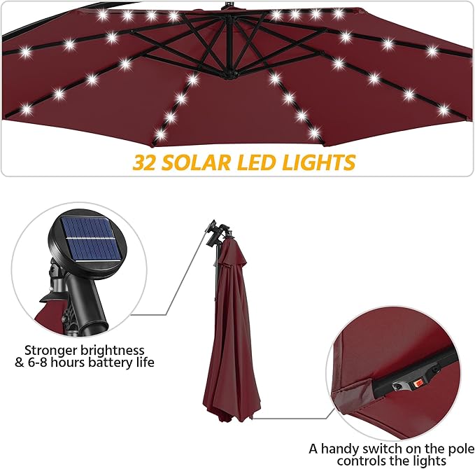 Yaheetech 10FT Solar Offset Umbrella with 32 LED Lights Cantilever Hanging Outdoor Umbrellas Handy Crank & Cross Base for Lawn/Deck/Backyard/Pool Burgundy