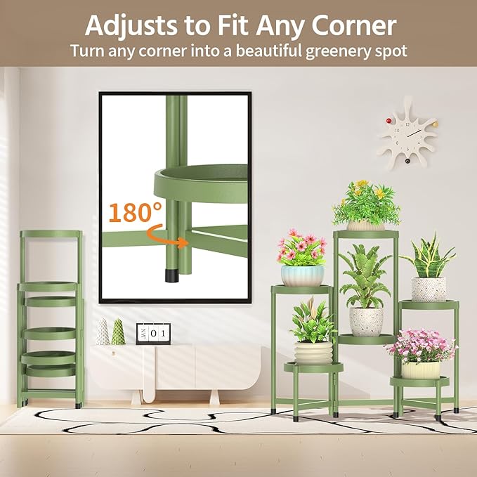 LASZOLA 6 Tiered Folding Plant Stand Indoor for Multiple Large Planter, Tall Heavy Duty Adjustable Rack with Rust Proof Plastic Shelving, Sturdy Vertical Tree Organizer for Narrow Inside Floor, Green