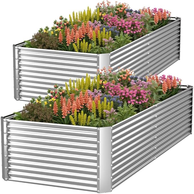 2 Pack Tall 8x3FT Corrugated Galvanized Steel Raised Garden Bed Outdoor, Metal Above Ground Garden Bed for Vegetables and Flowers, Rectangle Raised Beds for Gardening