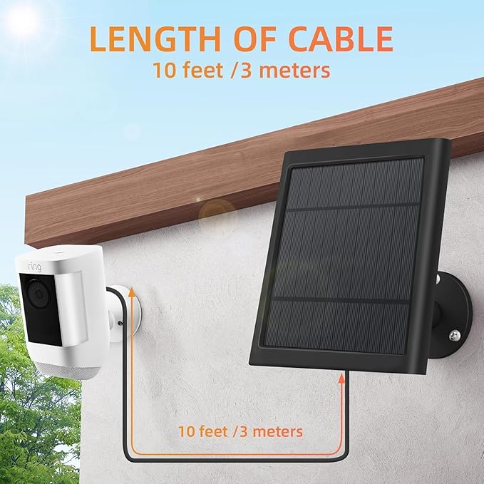 2 Pack 4W Solar Charger for Ring Spotlight & Stick Up Outdoor Cam, Black, High Efficiency, 10FT/3M Long Cable with USB-C to Ring Barrel Plug