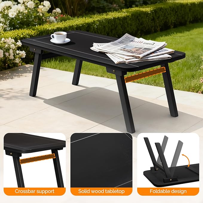VINGLI Outdoor Folding Coffee Table, Natural Poplar Wood Patio Coffee Table, No Assembly Required, Ideal for Balcony, Porch, and Living Room, Oval, Black