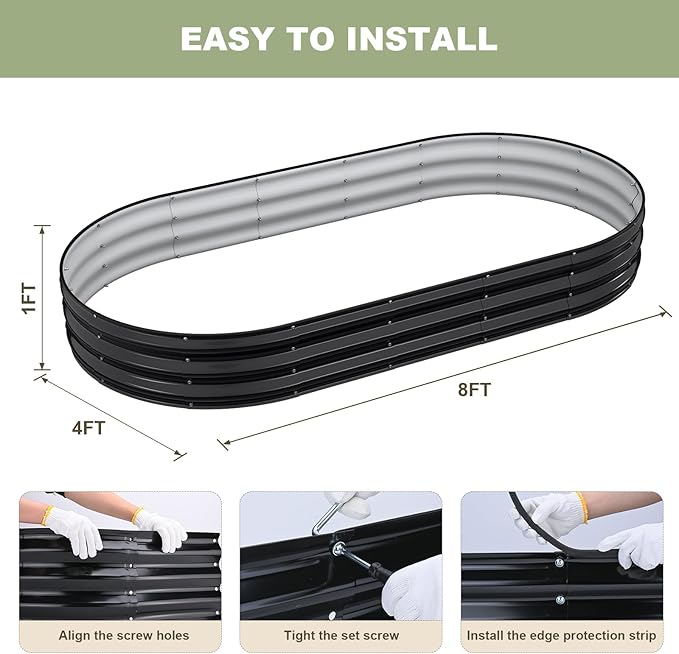 Raised Garden Bed, 8x4x1ft Galvanized Outdoor Planter Beds with Safety Edging and Gloves, Oval Metal Planter Box for Gardening Vegetables Flowers Herb-Black
