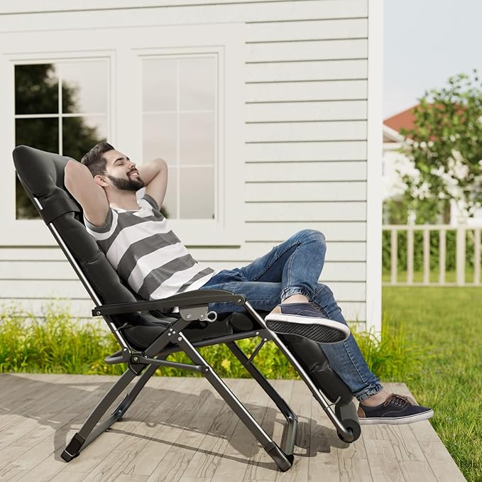 UDPATIO Oversized Zero Gravity Chair Set of 2, 33In XXL Patio Reclining Chair with Cushion, Outdoor Folding Recliner with Pillows|Cup Holder|Foot Rest|Padded Headrest, Black, Support 500LB