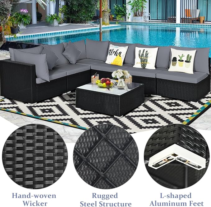Tangkula 7-Piece Patio Furniture Set, Outdoor Sectional Sofa with Pillows and Cushions, Wicker Conversation Set with Coffee Table and Tea Table for Garden, Lawn (Grey)
