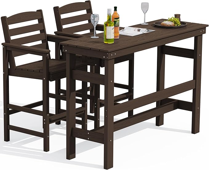 SERWALL Outdoor Bar Table and Chairs Set, Adirondack Bar Chairs Set of 2 and Bar Height Table, All Weather HDPE Patio Bar Set, Outdoor Furniture for Outside, Coffee