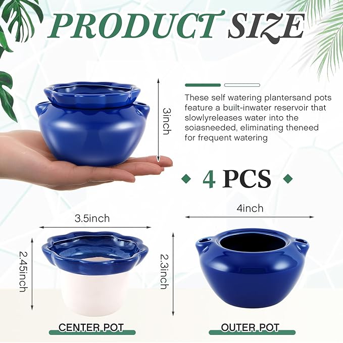 4 Sets African Violet Pots 4 Inch Self Watering Pot for Indoor Ceramic Self Watering Planter for Flower Lovers Ideal Plant Pot Thriving Flower Maintenance