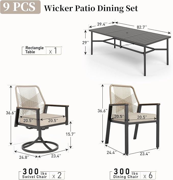 Patio Dining Set 9 Piece, 6 Woven Rattan Fixed Chairs and 2 Swivel Chairs with Waterproof Cushion, 83" Metal Rectangular Table with Umbrella Hole, Outdoor Table Set for Backyard Lawn Deck, Beige