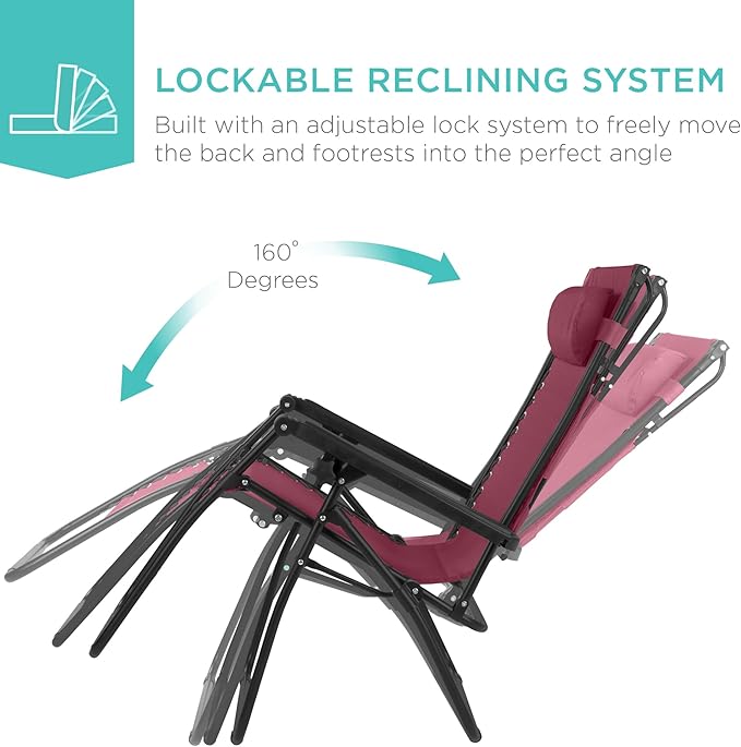 Best Choice Products 30” Wide Folding Zero Gravity Outdoor Recliner Patio Lounge Chair w/Adjustable Canopy Shade, Headrest, Side Accessory Tray - Burgundy