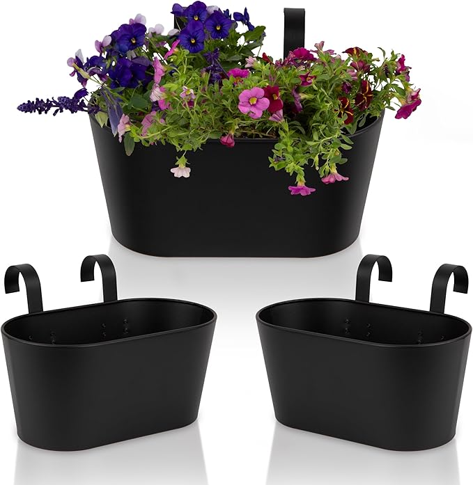 KIBAGA Beautiful Hanging Flower Pots for Outside Railing Or Fence - Stylish Set of 3 Outdoor Planters for Any Balcony, Porch or Deck - Window Planter Boxes are Perfect for Your Flowers