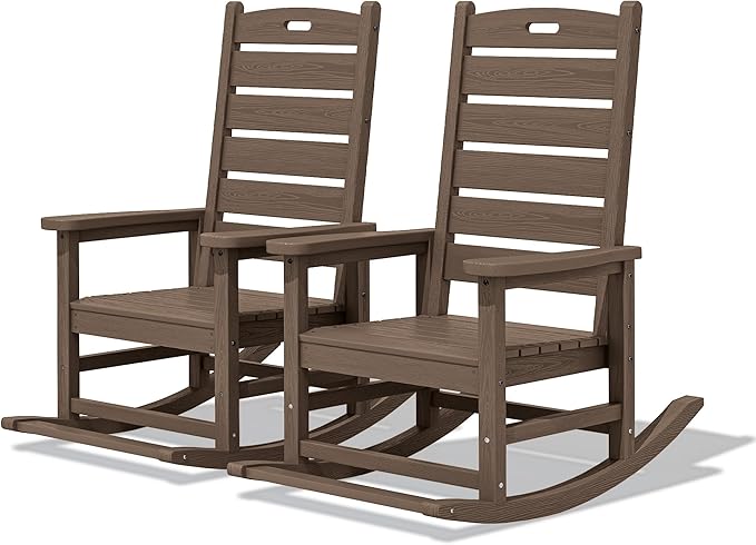 SERWALL Outdoor Rocking Chair Set of 2, Oversized Rocking Chair with Footboard for Adults, HDPE All Weather Resistant Rocking Chairs for Patio, 350lbs Weight Capacity,Coffee