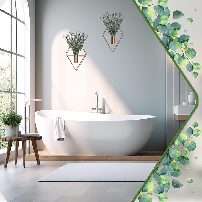Jexine 8 Pcs Hanging Planters with Artificial Eucalyptus Metal Hanging Vase Indoor Plants Holder Modern Geometric Boho Bathroom Wall Decor for Living Room Home Office (Eucalyptus,Bronze)