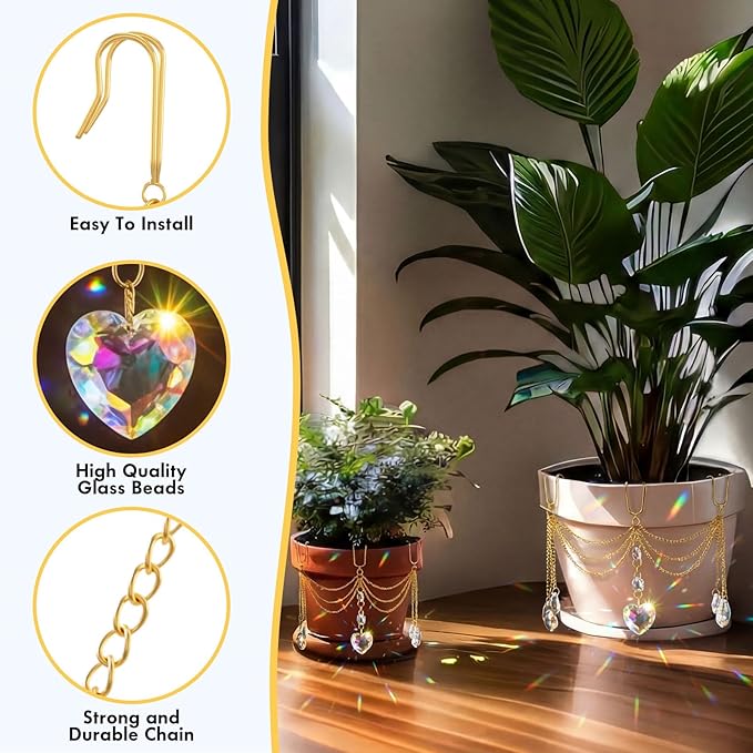 Sun Catcher Plant Hanger with Beads and Glass Crystal Beaded Plant Accessories for Indoor Home Rainbow Decor Pot Accessory(Flower Pot Not Included) (Heart)