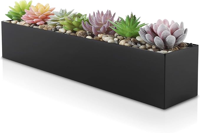 DR&Co Modern Black Trough Rectangular Planter, 16“ Metal Window Planter Box for Succulent, Small Rectangle Box for Desk or Windowsill, Stainless Steel, Great Gift Ideas for Women Men