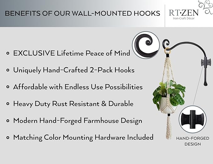 RTZEN Plant Hangers Indoor or Outdoor - Wrought Iron Metal Hanger Indoor Hook - Heavy Duty Wall Bracket Hooks for Hanging Plants Baskets Lanterns Wind Chimes - 2 Pack (Black Axe-Shape Hooks)