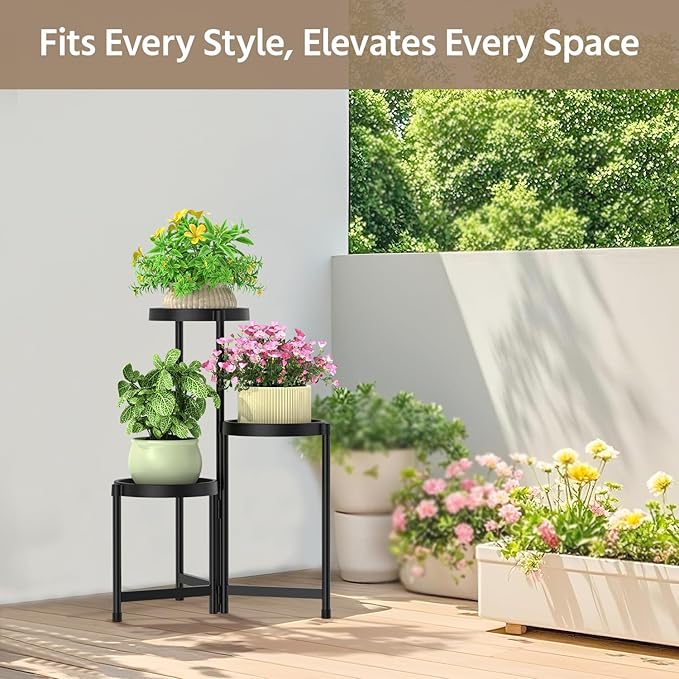 LASZOLA 3 Tiered Folding Plant Stand Indoor for Multiple Large Planter, Tall Heavy Duty Adjustable Rack with Rust Proof Plastic Shelving, Sturdy Vertical Tree Organizer for Narrow Inside Floor, Black