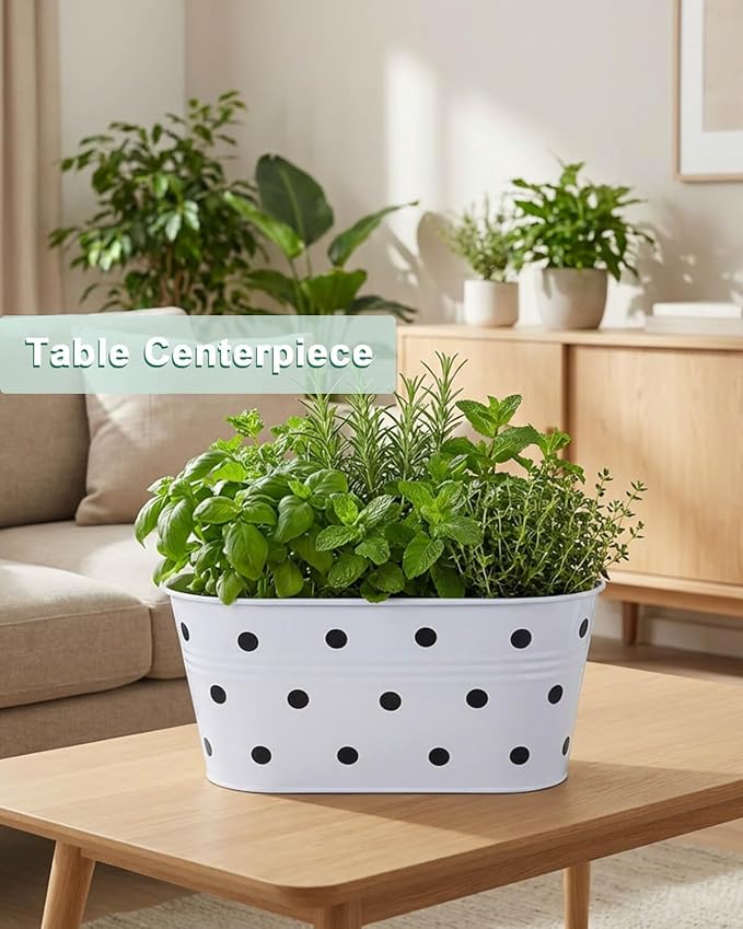 Railing planter box - 3 Pack Metal Hanging Flower Pots with Detachable Hooks & Drainage Holes, Window Oval Bucket Fence Hanging Planters for Outdoor Plants Garden Balcony Home Decor, White with Spot