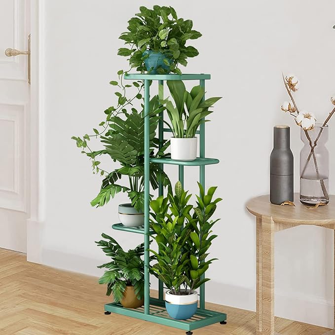 LINZINAR Metal 4 Tier 5 Potted Indoor Outdoor Plant Stand Shelf Planter Display for Patio Garden Corner Balcony Living Room