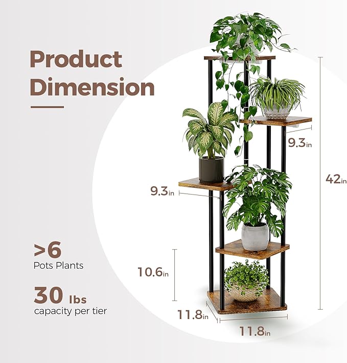 Bamworld Tall Plant Stand Indoor with Grow Light Corner Plant Stand for Indoor Plants 5 Tier Metal Wood Plant Shelf with Grow Lights for Living Room Bedroom Patio Garden Balcony Decor