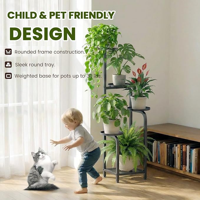 TOSKING 5 Tier Tall Plant Stand Indoor Outdoor, Heavy Duty Corner Shelf for Plants & Decor, Space Saving 3.9FT Metal Flower Pot Stand for Balcony, Garden, Living Room, Patio (Black, 47in)