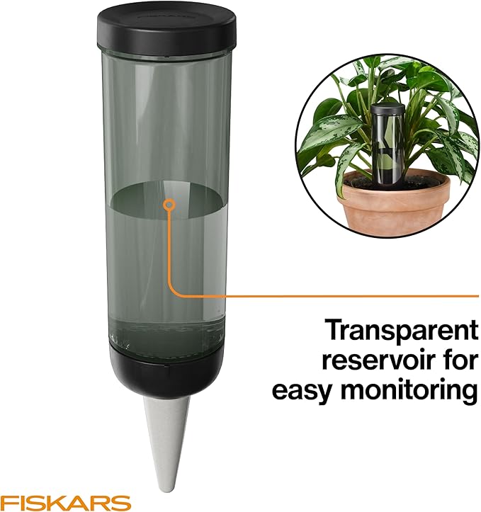 Fiskars LifeWell Watering Spike, Self-Watering System for Indoor Plants, Continuous Hydration Vacation Care & Travel, Porous Ceramic Cone Slow Release, 11.75 oz Capacity, Black