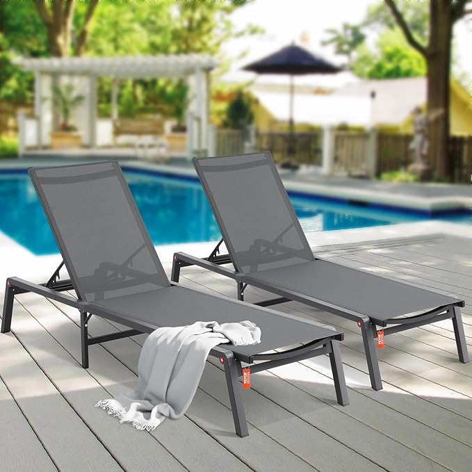 VEVOR 2 Pcs Chaise Lounge Chairs Outdoor, Aluminum Patio Lounge Chair with Adjustable 5-Position, Folding Pool Chairs Recliner and Full Flat Tanning Chair for Patio, Beach, Pool, Gray, 2 pcs