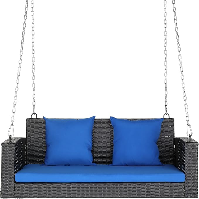 Outvita Porch Swing 2 Person Hanging Bench, Wicker Outdoor Swing Bench with Cushion and Pillow for Patio, Yard, Garden Hold Up to 800 lbs (Blue)