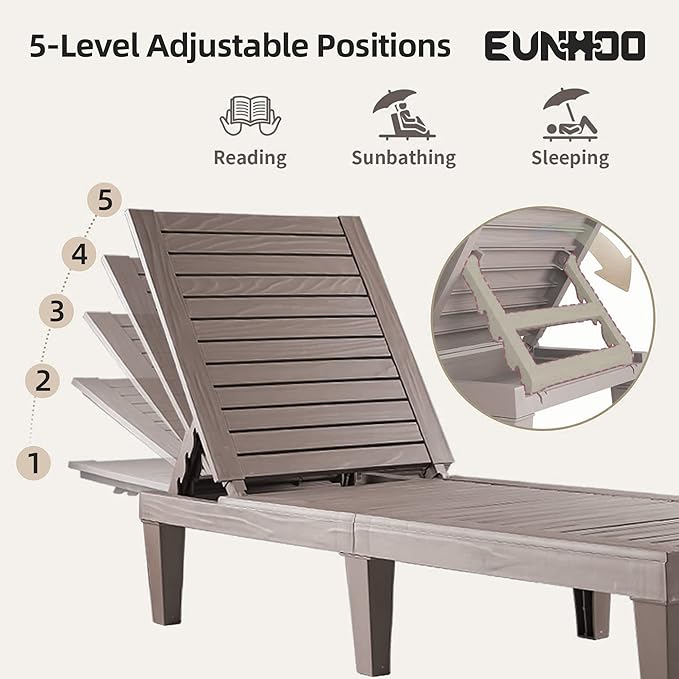 Outdoor Chaise Lounge Set of 2, Adjustable Pool Lounge Chair with 5 Positions Backrest, Waterproof Sun Loungers for Garden Pool Beach Patio Deck Sunbathing
